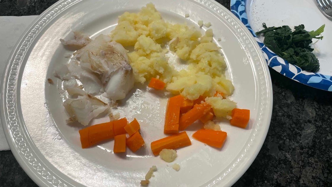 Mashed potatoes, carrots, and fish